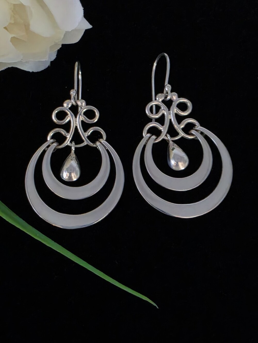 Double Hoop Dangle Drop Sterling Silver Earrings with Scrollwork